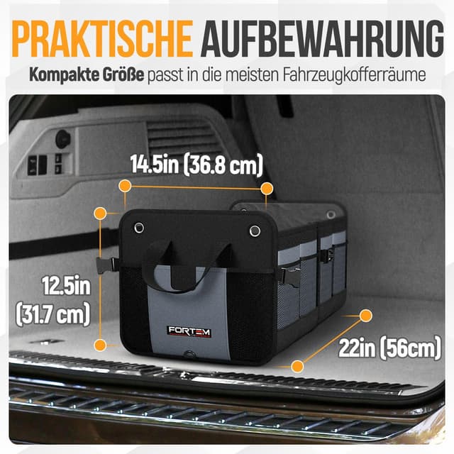 Detalle de FORTEM Kofferraum Organizer (klappbar) mit rutschfestem Boden, Seitentaschen und abnehmbarem Deckel – Grau, Groß