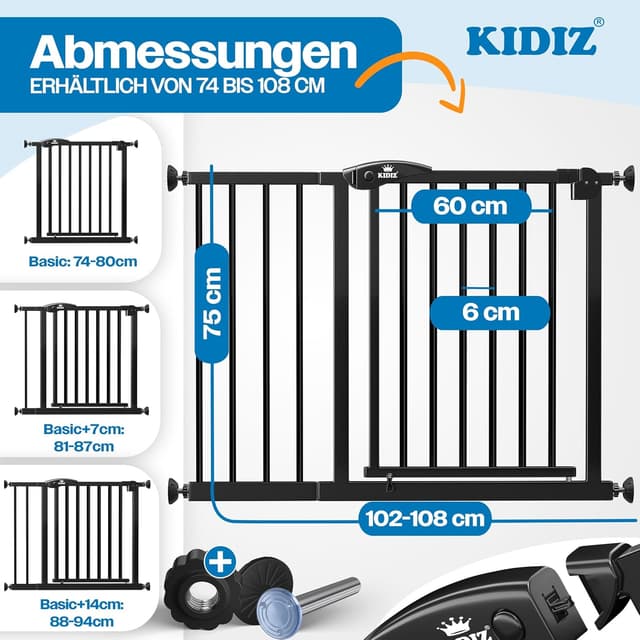 Detalle de KIDIZ Treppenschutzgitter ohne Bohren (verstellbare Breite 102–108 cm, 75 cm hoch) – Schwarz