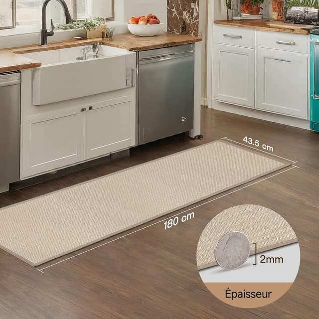 Detalle 2 de Tapis de cuisine long Mizuosre devant l’évier antidérapant et lavable 43,5 x 180 cm beige
