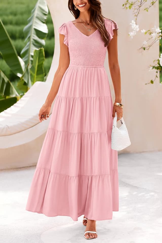 Detalle de PRETTYGARDEN Women’s Summer Flowy Maxi Dress with Smocked Top and V-Neck