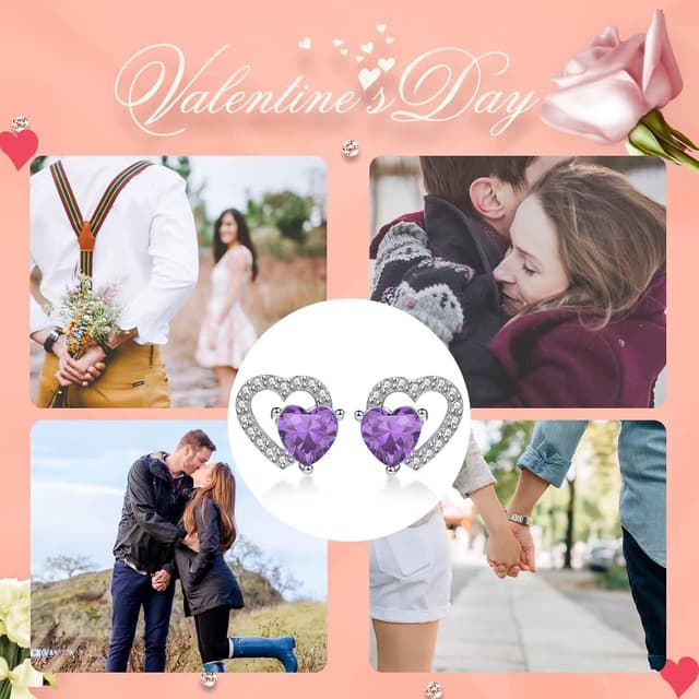 Detalle de Qings boucles d’oreilles en pierre de naissance cœur en argent 925 plaqué platine