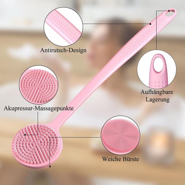 Detalle 2 de Rückenbürste Dusche aus Silikon mit langem Stiel – doppelseitig, Massage- und Peelingbürste für Körper