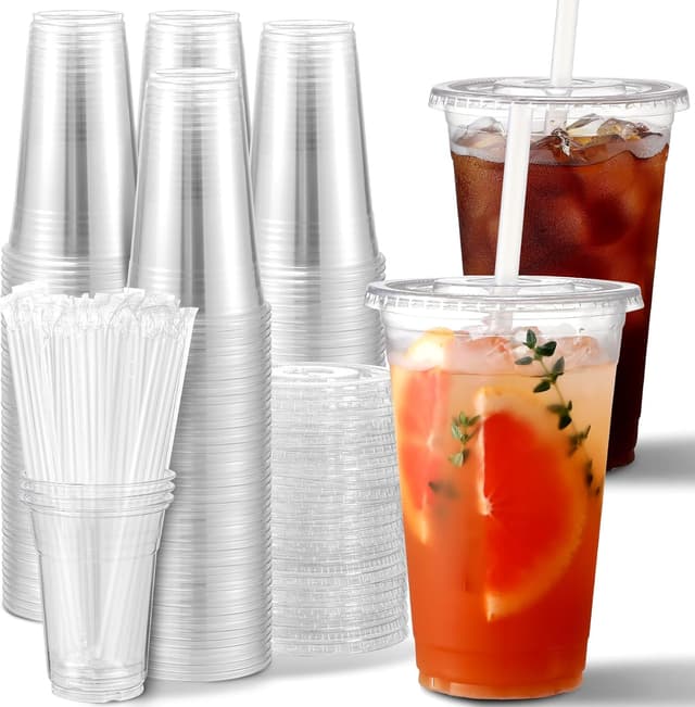 Detalle de AOZITA 100 Pack 24 oz Clear Plastic Cups with Lids and Straws (Leak-Proof Iced Coffee Cups)