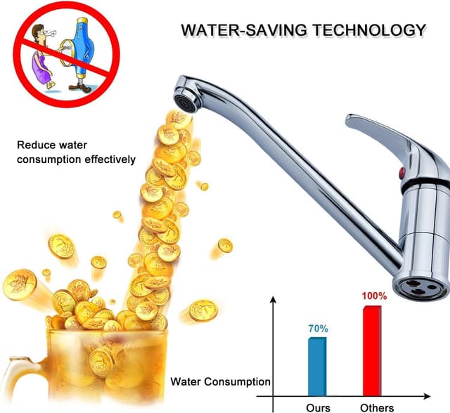 Detalle de Hapilife kitchen sink mixer tap with single lever and long 360° swivel spout (solid brass, chrome) – compact one-hole option