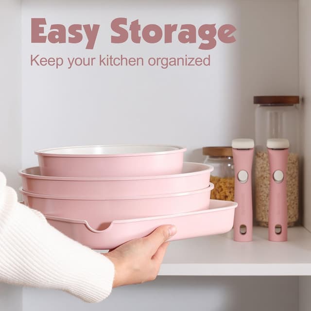 Detalle 2 de SENSARTE Keramik Topfsets Pfannenset 17-teilig – Antihaft-Kochgeschirr mit abnehmbarem Griff (Rosa)