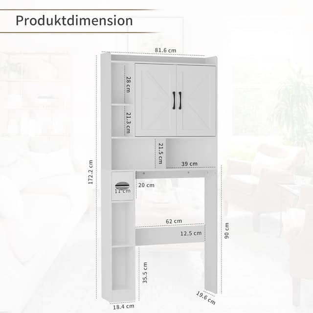 Detalle de BonVache Waschmaschinenschrank mit 2 Türen und Seitenfach – weiß, mit verstellbaren Ablagen
