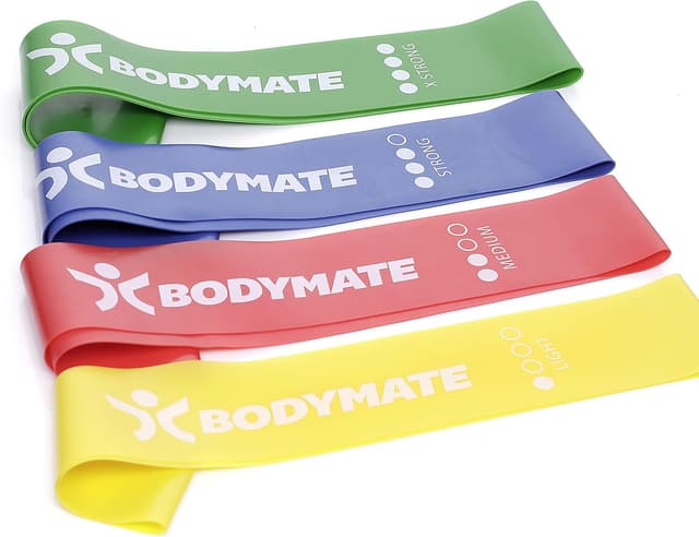 Detalle de BODYMATE Lot de 4 bandes de résistance élastiques en latex naturel (avec pochette) – 60 cm x 5 cm