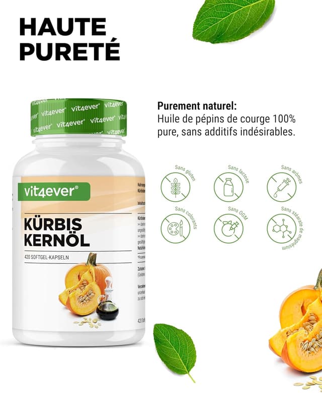 Detalle de Huile de Pépins de Courge en capsules (420) – 3000 mg par portion journalière avec vitamine E
