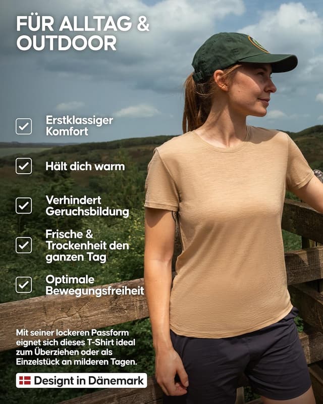 Detalle de DANISH ENDURANCE 100% Merino Shirt Damen (2er Pack) – leichtes, geruchshemmendes T‑Shirt