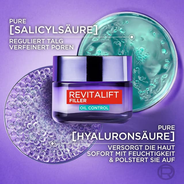 Detalle de L’Oréal Paris Revitalift Filler Mattierende Gel-Creme Oil Control mit Hyaluronsäure & Salicylsäure (50 ml)