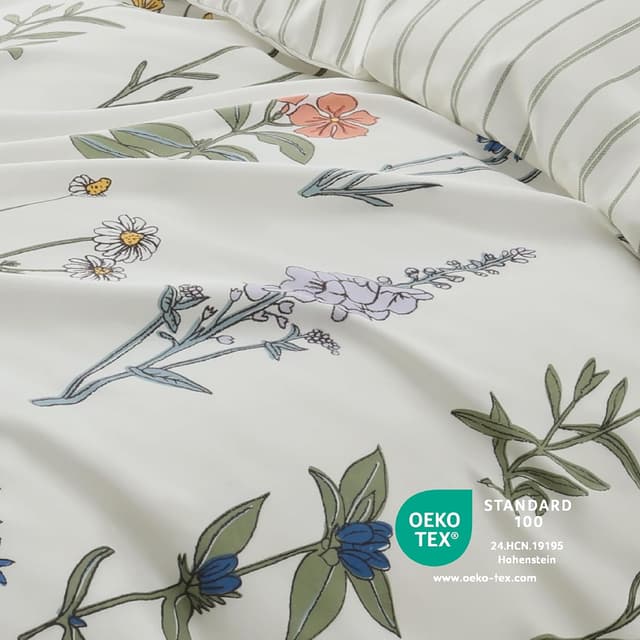 Detalle de BEDSURE Wendebettwäsche 135x200 cm (4-teilig) mit Blumen-/Streifenmuster & Reißverschluss