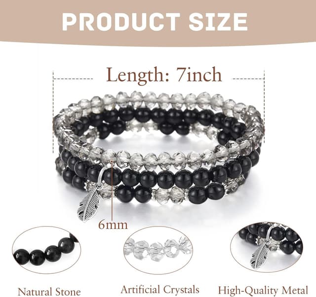 Detalle de Hernin Perlenarmband Stretch Damen – mehrreihiges Boho-Kristallarmband mit Feder-Charme (Braun)