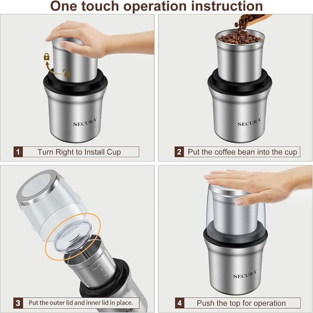 Thumbnail 6 de Secura Electric Coffee Grinder and Spice Grinder with 2 Stainless Steel Blades and Removable Bowls