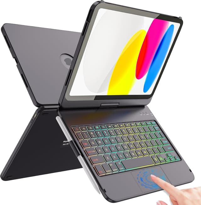 Detalle de FUWANG Touch Keyboard Case for iPad (A16) 11th Gen & iPad 10th Gen 10.9-inch (A2757/A2777/A2696) — 360° Rotating Backlit Keyboard Case, Black