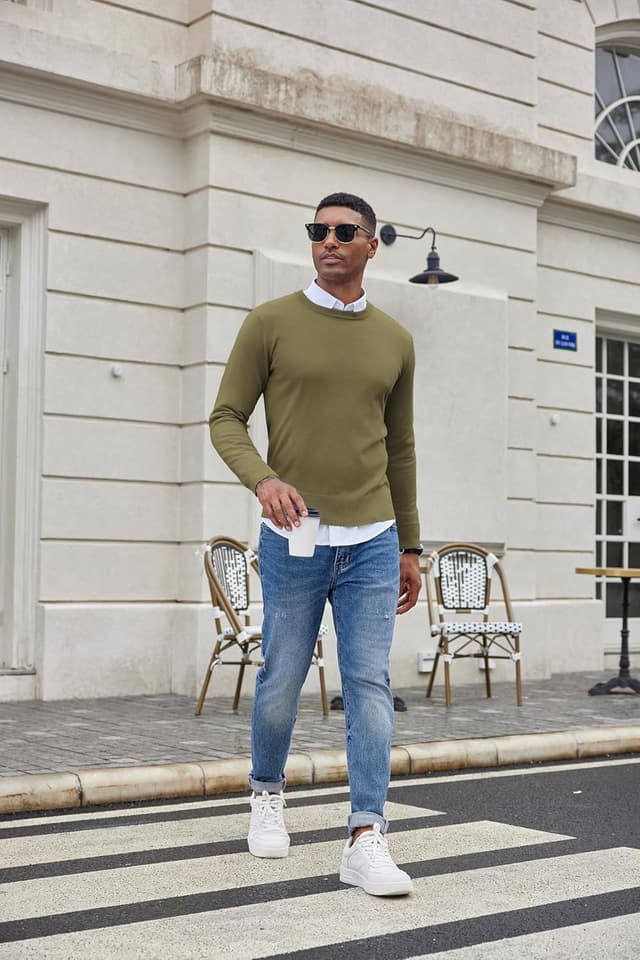 Detalle 2 de COOFANDY Pull col rond homme en maille légère à manches longues, coupe près du corps