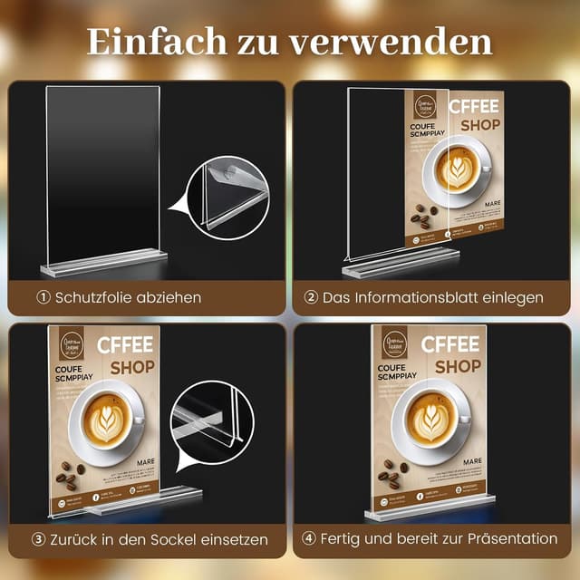 Detalle de Viymgit 8er DIN A5 Tischaufsteller im glasklaren T-Ständer (Acryl) für Speisekarten & Hinweisschilder