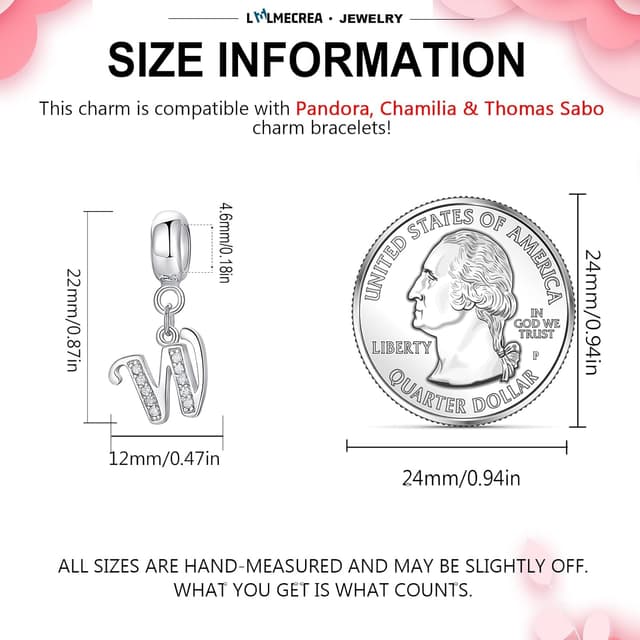 Detalle 2 de LMLMECREA Damen Initiale W Charm-Anhänger aus 925 Sterling Silber für europäische Armbänder