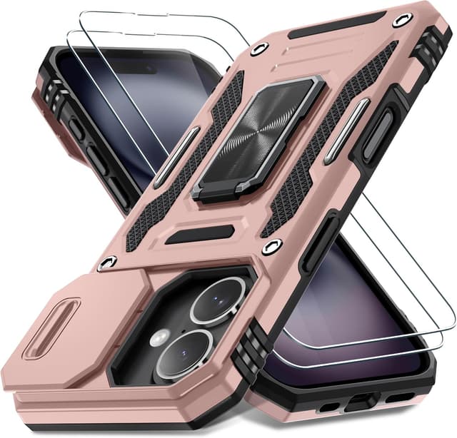 Detalle de DEERLAMN iPhone 16 Armor Case with Sliding Camera Cover + Rotating Ring Kickstand (2 Pack Screen Protectors) – Rose Gold