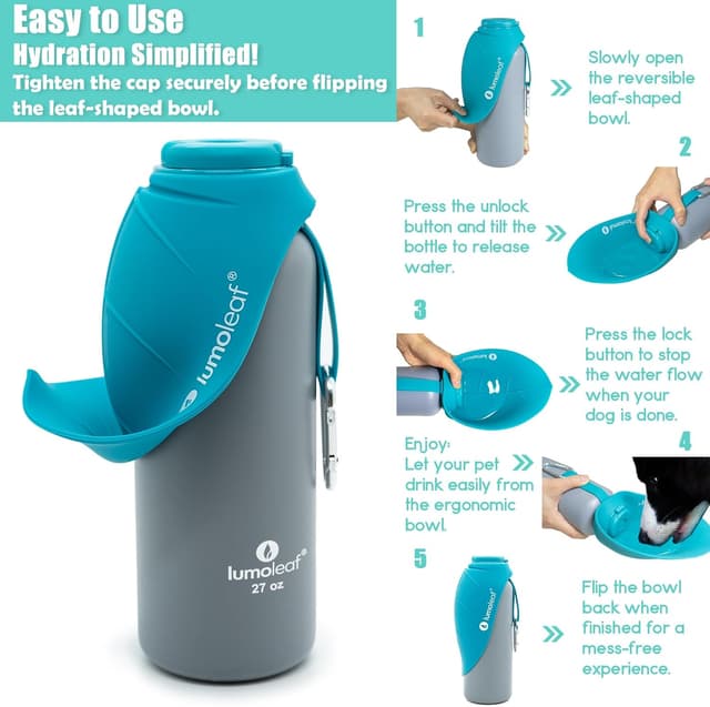 Detalle de Gourde isotherme pour chien LumoLeaf 800 ml en acier inoxydable avec gamelle intégrée