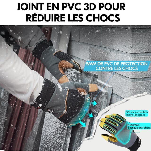 Detalle de Gants de travail d’hiver Vgo… pour mécanicien (jusqu’à -20 °C), imperméables et tactiles – Gris, XL