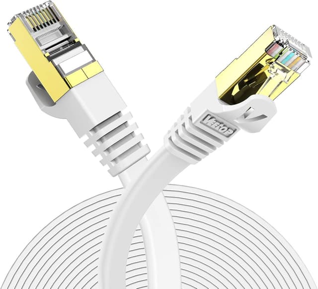 Detalle de Veetop 15 m Cat 7 Flaches Netzwerkkabel mit vergoldetem RJ45 für bis zu 10 Gbps (weiß)