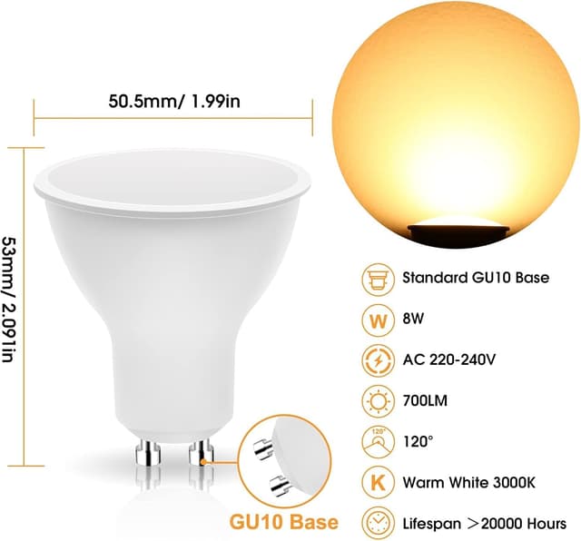 Detalle de JandCase GU10 LED Bulbs Warm White 3000K (8W, 700LM, 120°) – 6 Pack, Non-Dimmable