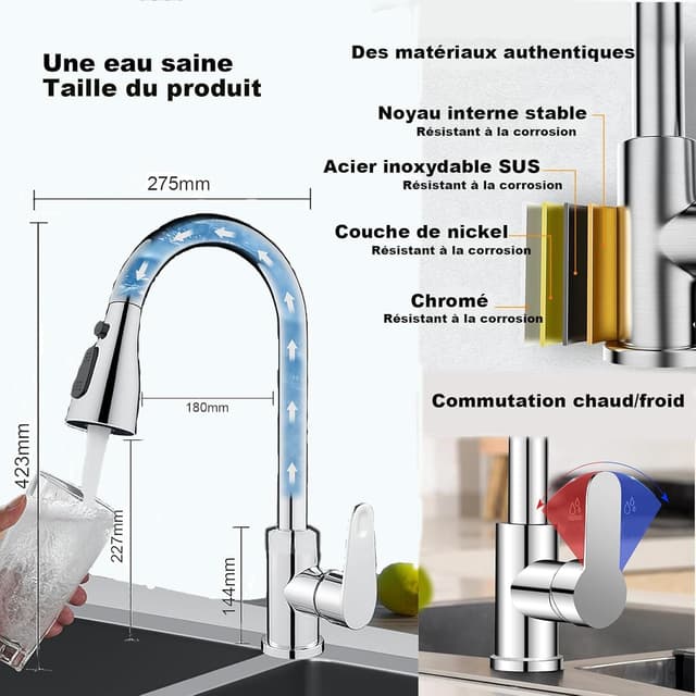 Detalle 2 de XWIHTR robinet de cuisine extractible pivotant 360° en acier inoxydable à 3 modes