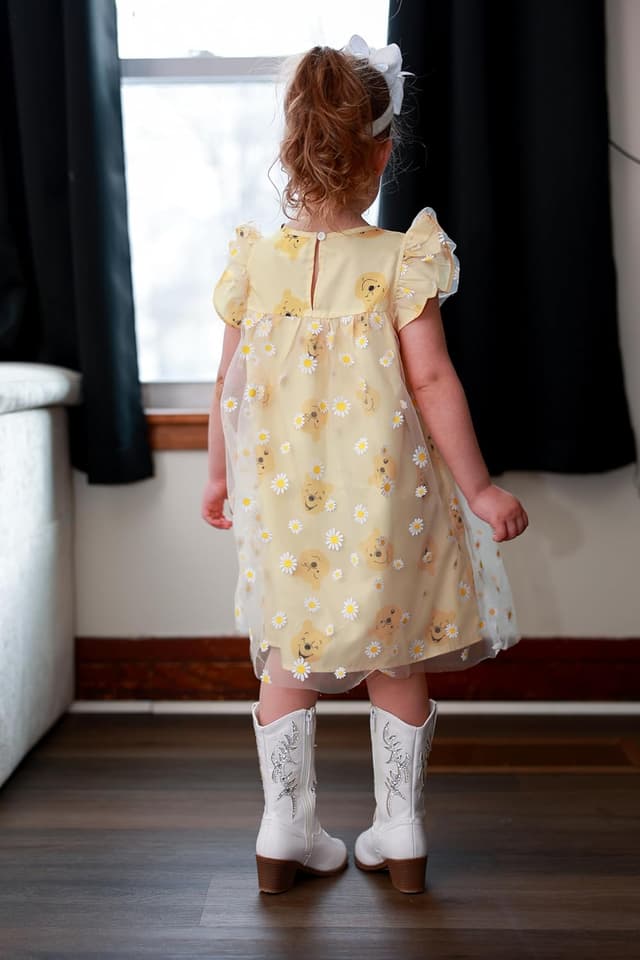 Detalle de Disney Winnie the Pooh Toddler Girl Dress with Tulle Skirt, Ruffle Sleeves & Soft Mesh Fabric
