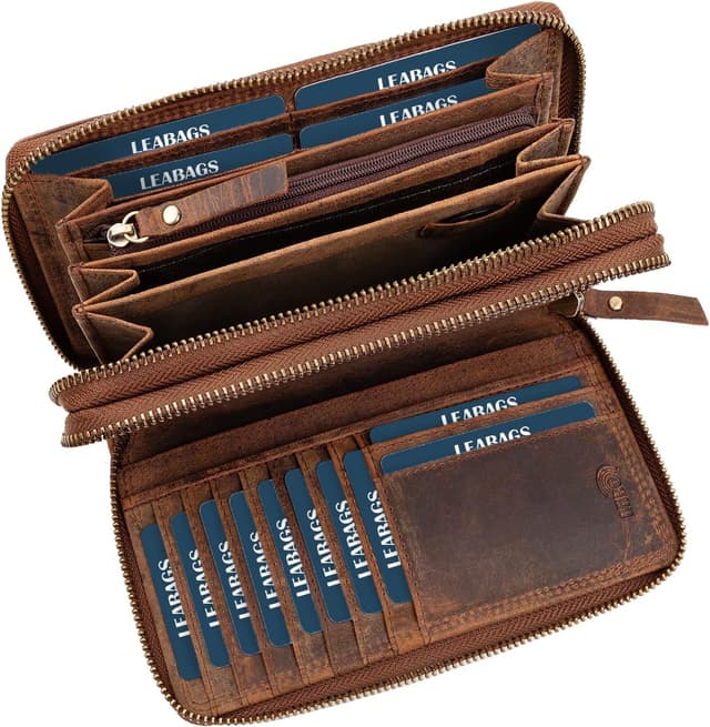 Detalle de LEABAGS Leder Geldbörse Damen – XXL Portemonnaie mit RFID/NFC-Schutz, Doppelter Reißverschluss (Vintage Dunkelbraun)