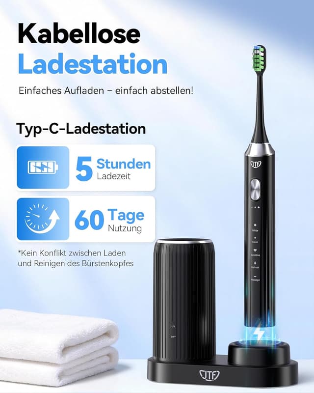 Detalle 2 de JTF brosse à dents électrique sonique avec station UV (séchage), 5 modes et 6 têtes de rechange