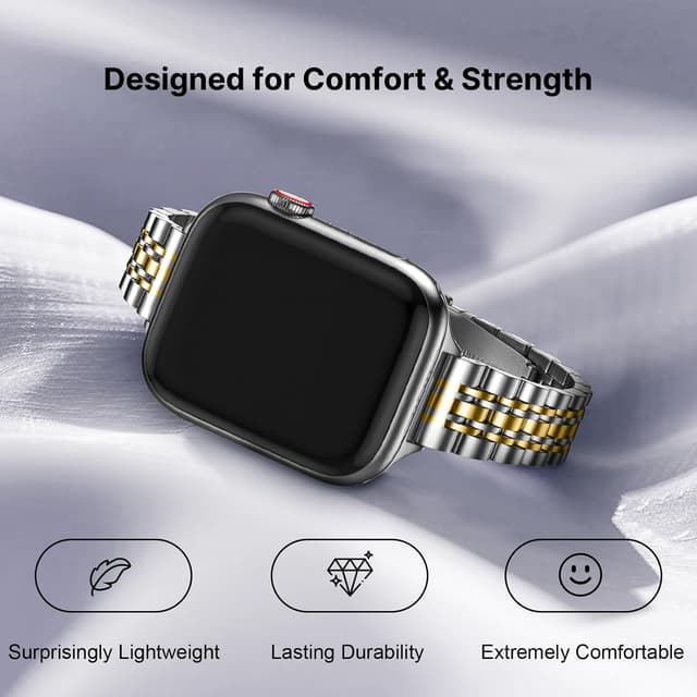 Detalle de Fullmosa Slim Metal Straps for Apple Watch (46mm–49mm), 7‑link stainless steel bands for women, Silver & Gold