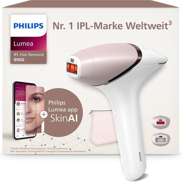 Detalle de Philips Lumea IPL 9900 Series (BRI950/02) mit SenseIQ & SkinAI – Alternative zur Laserhaarentfernung, 2 Aufsätze für Körper & Gesicht