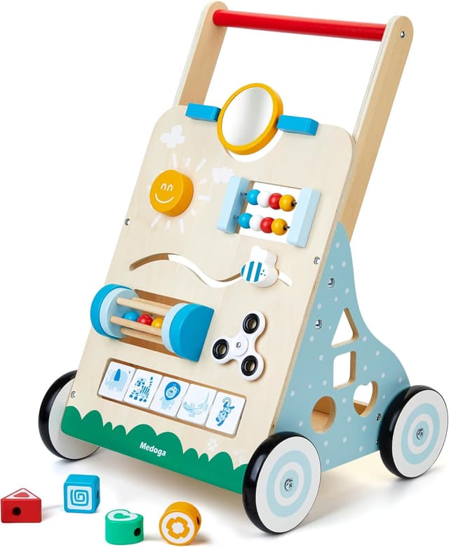 Detalle de Holz-Lauflernwagen 10‑in‑1 mit Activity Center und gummierten Holzrädern für Baby-Laufhilfe