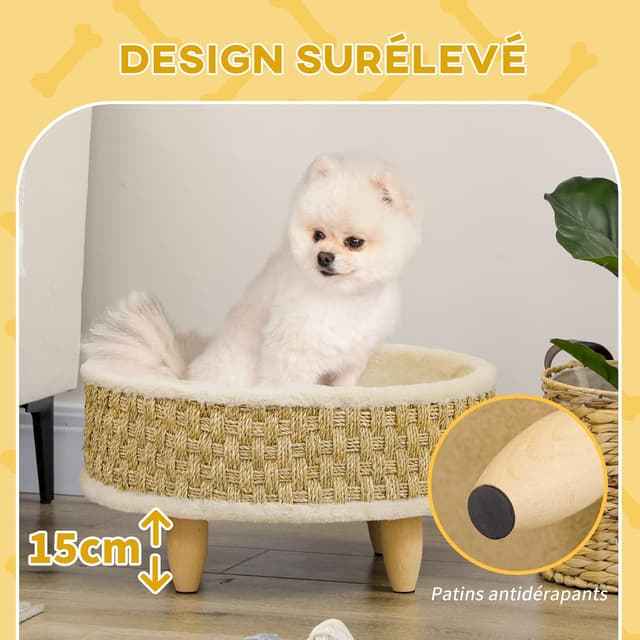 Detalle de PawHut Panier rond pour chien sur pied (style cosy chic) avec coussin intégré Ø 48 x 24,5H cm beige