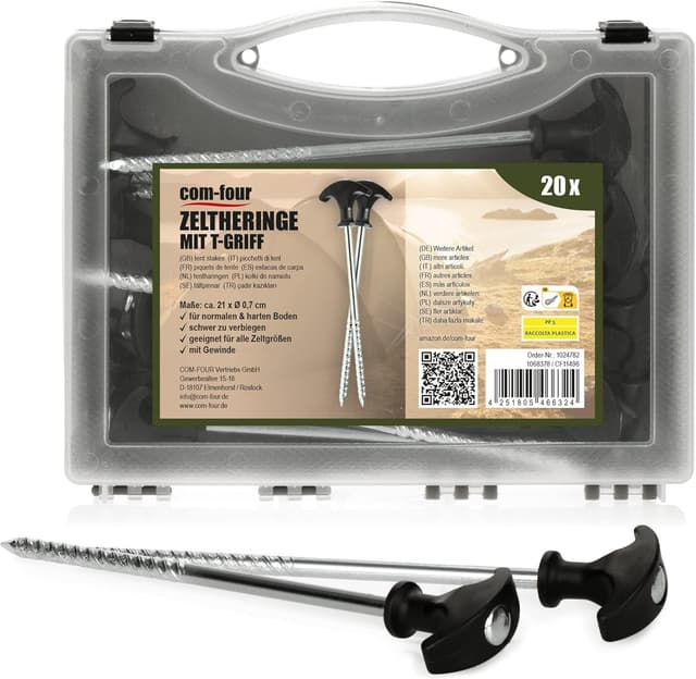 Detalle de COM-FOUR 20 piquets de tente en acier filetés, avec poignée (transport en étui) – pour camping et extérieur