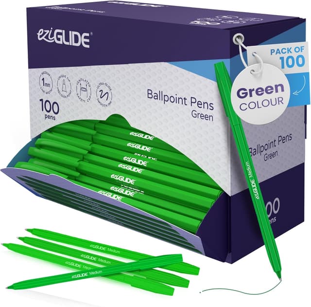 Detalle de Eziglide 100-Pack Ballpoint Pen Set (Green) with Easy Grip – Medium Point 1.0mm