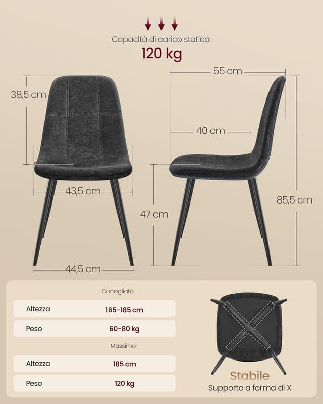 Detalle de Set di 4 sedie da pranzo VASAGLE KDC188G01, schienale reclinabile e rivestimenti in ciniglia e PU