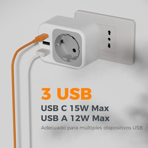 Detalle de TESSAN adaptador enchufe italiano a España con 3 USB tipo L (2500 W) en blanco
