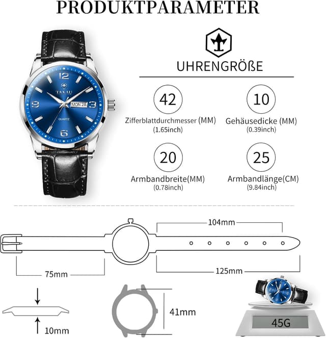 Detalle de Taxau wasserdichte Herren-Gentleman-Uhr mit Datums- und Tagesanzeige, arabischen Ziffern