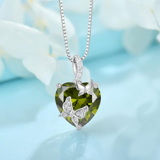 Detalle de FJ Schmetterling Damenkette aus 925 Sterling Silber mit Herz und Geburtsstein – Anhänger-Halskette im Geschenk-Set