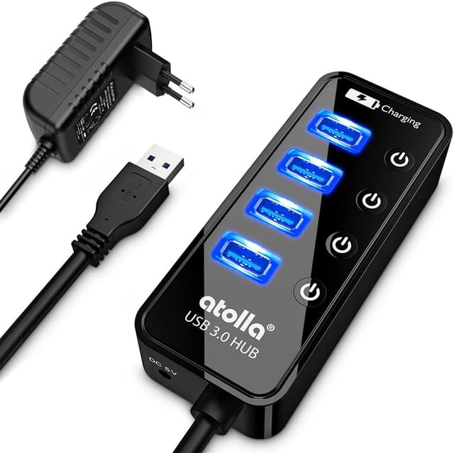 Detalle de Atolla Hub USB 3.0 alimenté à 4 ports avec interrupteurs individuels et port de chargement intelligent