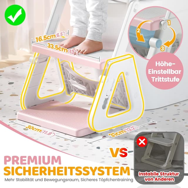 Detalle 2 de Orzbow Kinder-Toilettensitz mit Treppe: stabiler Aufsatz mit Spritzschutz (rosa)