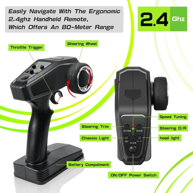 Detalle de BAZADER Voiture Télécommandée Tout Terrain 1:16 4x4 2,4 GHz avec lumières RVB et 2 batteries rechargeables