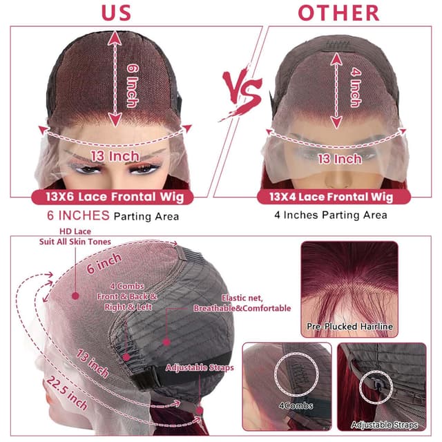 Thumbnail 2 de 30-Inch Burgundy 13x6 Lace Front Wig (99J) Body Wave Human Hair, 180% Density