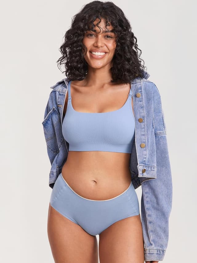 Detalle de MOMANDA Soutien-gorge d’allaitement sans armatures en tricot côtelé, avec coussinets amovibles et bretelles convertibles