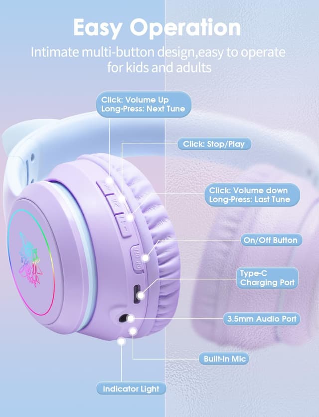 Thumbnail 6 de Cat Ear Bluetooth Headphones with LED Lights – Wireless over-ear headset with microphone, 55H playtime