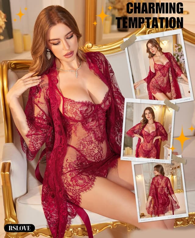 Detalle de RSLOVE Nuisette sexy 3 pièces en dentelle transparente à motif floral