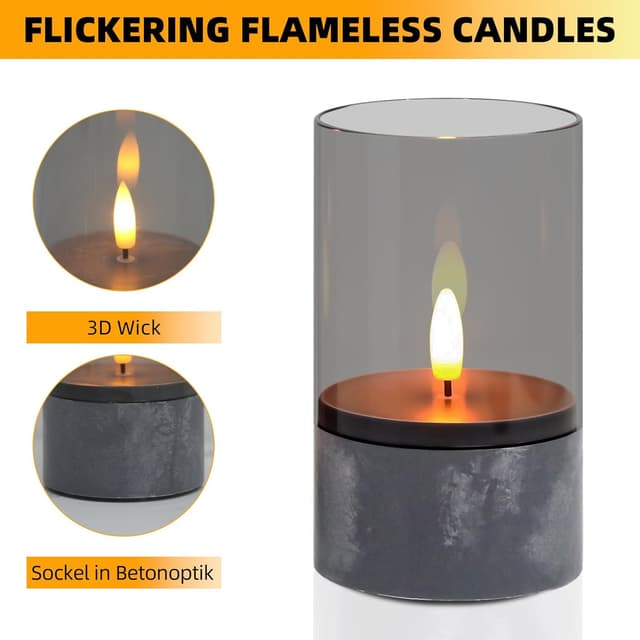 Detalle de Dixmas 3 Stück flammenlose LED-Kerzen – 3D-Docht, realistisch flackernd, grau (je Ø 7,5 cm, Höhe 12,5 cm)