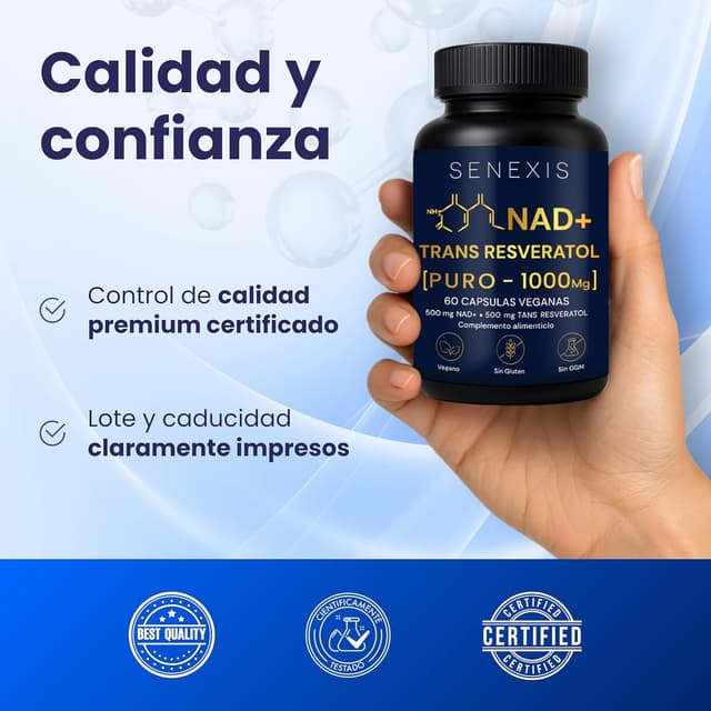 Detalle 2 de SENEXIS Nad Resveratrol Puro 1000 mg (60 cápsulas veganas): apoyo de energía celular y cognición
