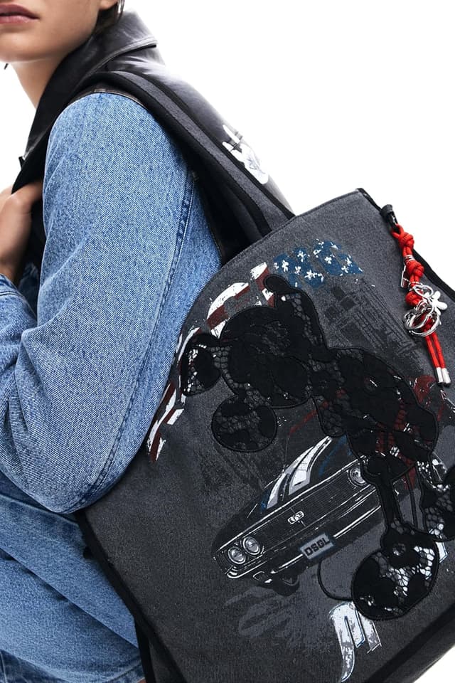 Detalle de Desigual Einkaufstasche Schultertasche „Mickey Studs Khiva“ Denim Dark Grey dunkelgrau